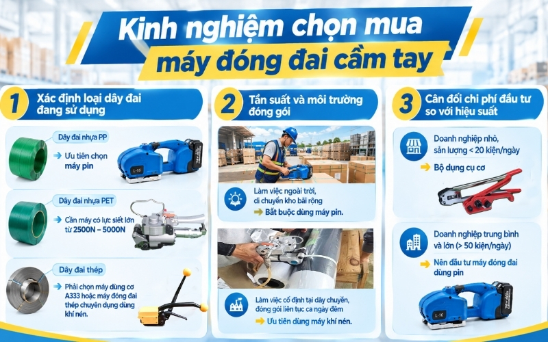 Kinh nghiệm chọn mua máy đóng đai cầm tay 